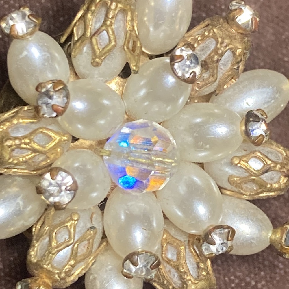 Vintage Crystal, Rhinestone, & Faux Pearl w/ Gold-Tone Accent Clip-On Earrings